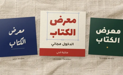 Trois publications carrées sur du lin, « Salon du livre » en arabe composé en Aref Ruqaa, Lalezar avec Tajawal, et Tajawal Black