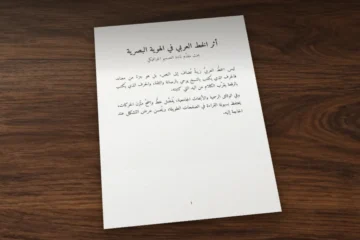 Page A4 imprimée sur un bureau en noyer : un exposé en arabe sur la calligraphie et l'identité visuelle, composé en Amiri
