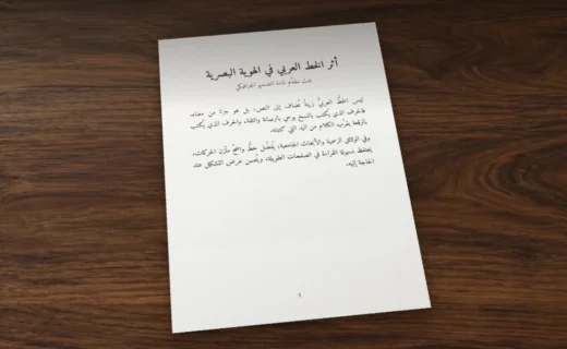 Page A4 imprimée sur un bureau en noyer : un exposé en arabe sur la calligraphie et l'identité visuelle, composé en Amiri