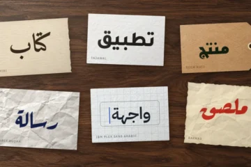 Six papiers sur un bureau en noyer, chacun avec un mot arabe en Amiri, Tajawal, Reem Kufi, Aref Ruqaa, IBM Plex Sans Arabic ou Rakkas