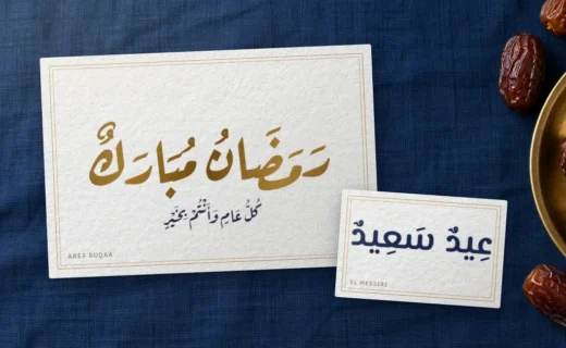 Cartes de vœux sur une nappe bleu nuit : « Ramadan moubarak » doré en Aref Ruqaa et « Aïd saïd » en El Messiri, près d’un plateau de dattes
